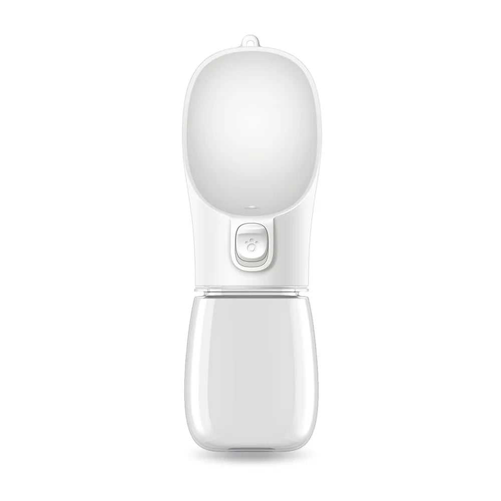 Kritter Krush pet water bottle with transparent design and built-in drinking trough for easy hydration of pets.