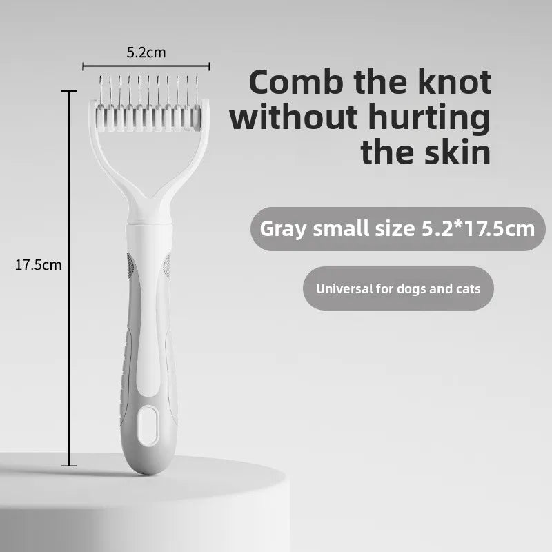 Double-sided dog comb by Kritter Krush showing fine and coarse teeth for grooming pets, with a sleek ergonomic handle.