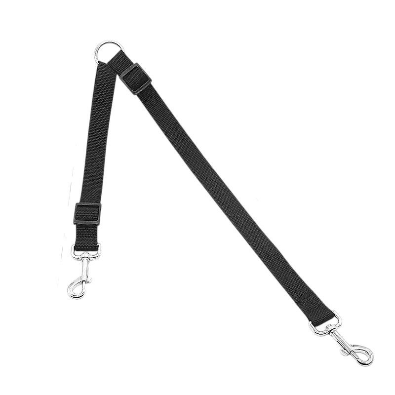 Black double dog leash by Kritter Krush showing two attached leashes with handles for walking two dogs simultaneously.