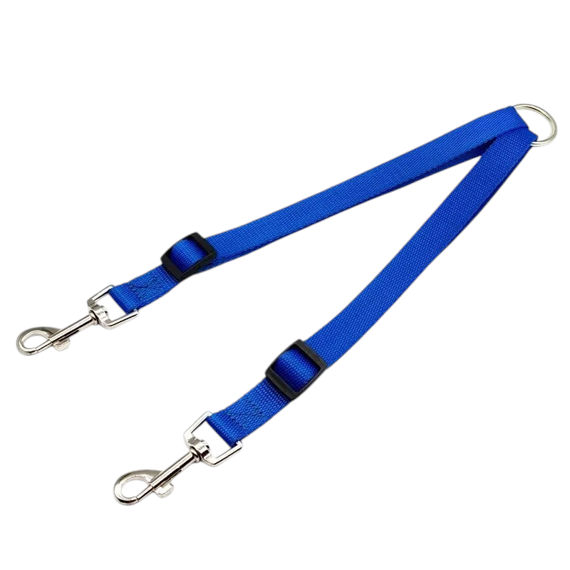 Blue double dog leash by Kritter Krush with durable nylon straps and metal clips, designed for walking two dogs simultaneously.