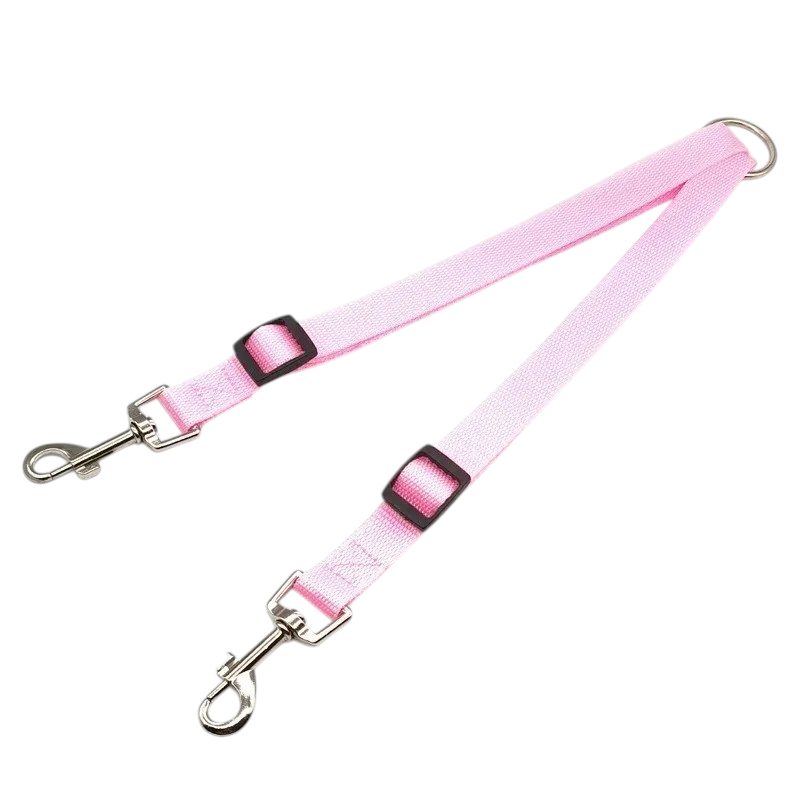 Pink double dog leash from Kritter Krush with two adjustable handles for walking two dogs simultaneously.