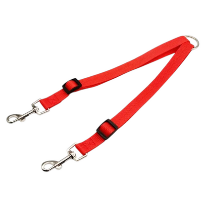 Red Kritter Krush double dog leash with two secure clips, suitable for walking two dogs simultaneously, no background.