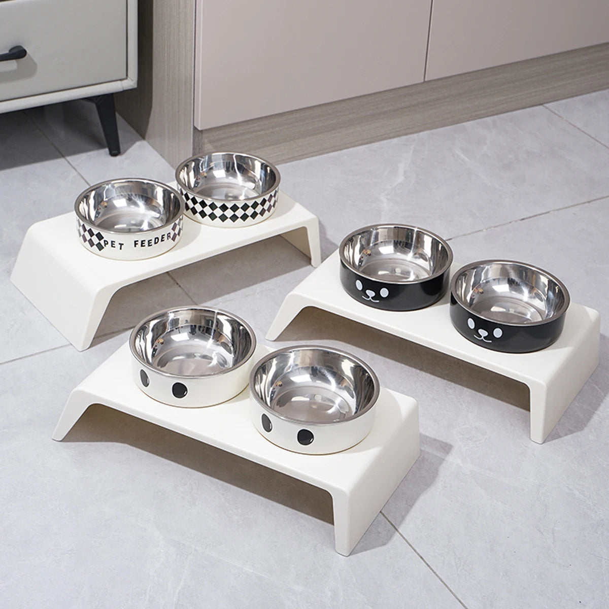 Kritter Krush elevated pet feeder with stainless steel bowls and adjustable height for comfortable feeding.