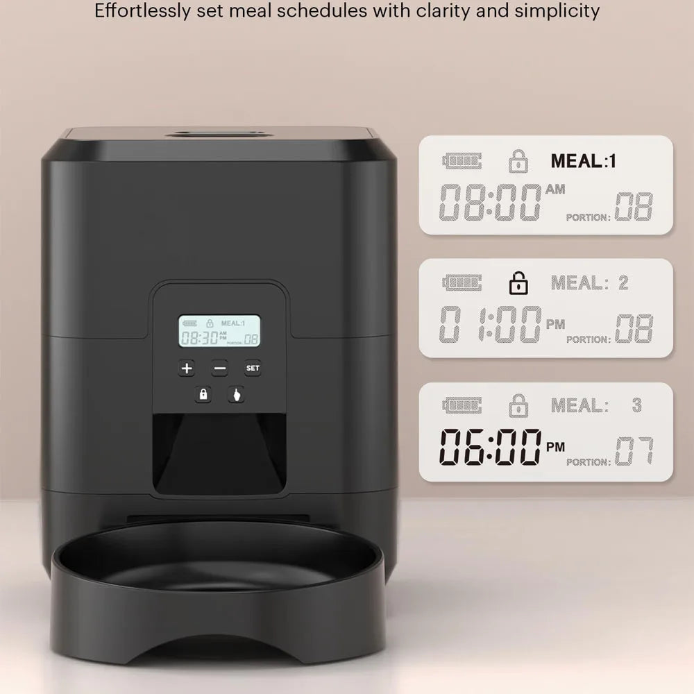 Kritter Krush smart automatic feeder with digital controls and food dispenser for pets, shown with food tray and adjustable settings.