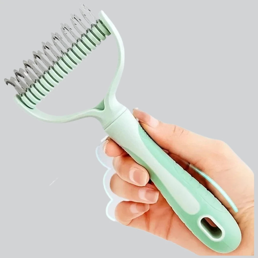 Double-sided dog comb by Kritter Krush with metal and plastic teeth for detangling and grooming pets.
