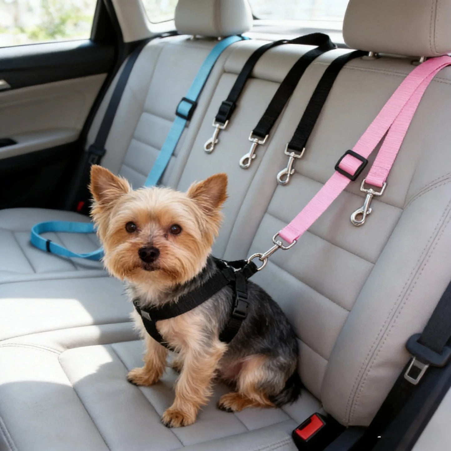 Kritter Krush pet seat belt attached to car seat, adjustable dog safety harness for travel, secure and comfortable for pets.