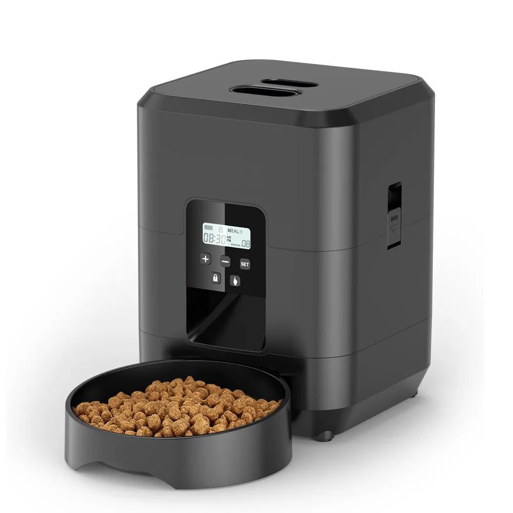Kritter Krush Smart Automatic Feeder with digital control panel and food storage container for pet feeding.