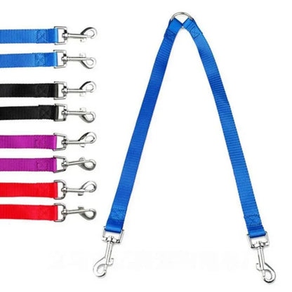 Kritter Krush double dog leash with two adjustable straps and metal clips, suitable for walking two dogs simultaneously.