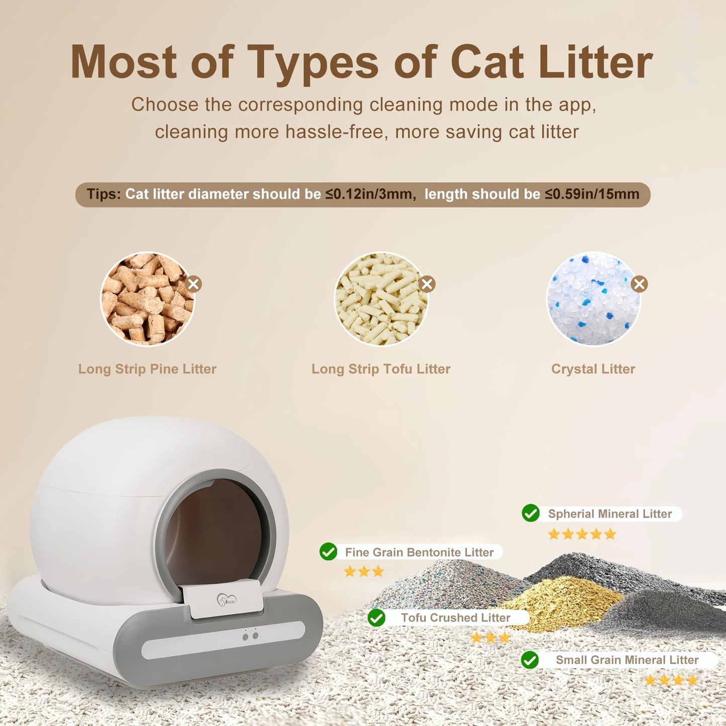 Self-cleaning Kritter Krush litter box with automatic waste removal system, designed for easy maintenance and odor control.