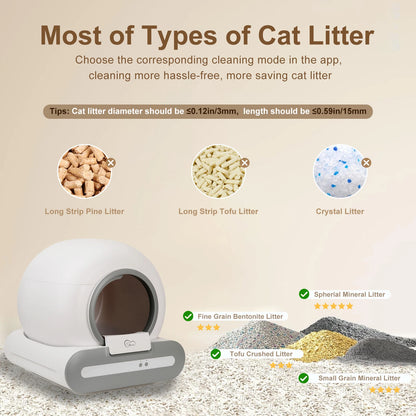 Self-cleaning Kritter Krush litter box with automatic waste removal system, designed for easy maintenance and odor control.