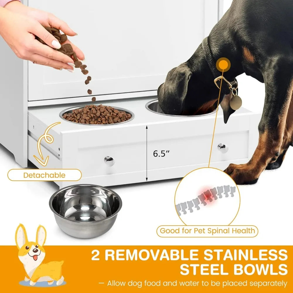 Kritter Krush pet feeding station with two stainless steel bowls on a wooden stand for cats or small dogs.