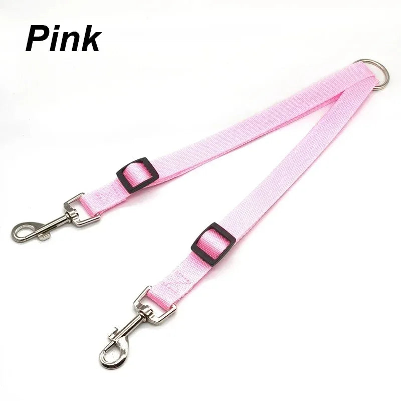 Kritter Krush double dog leash with two adjustable nylon leashes and padded handles for walking two dogs simultaneously.