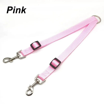 Kritter Krush double dog leash with two adjustable nylon leashes and padded handles for walking two dogs simultaneously.