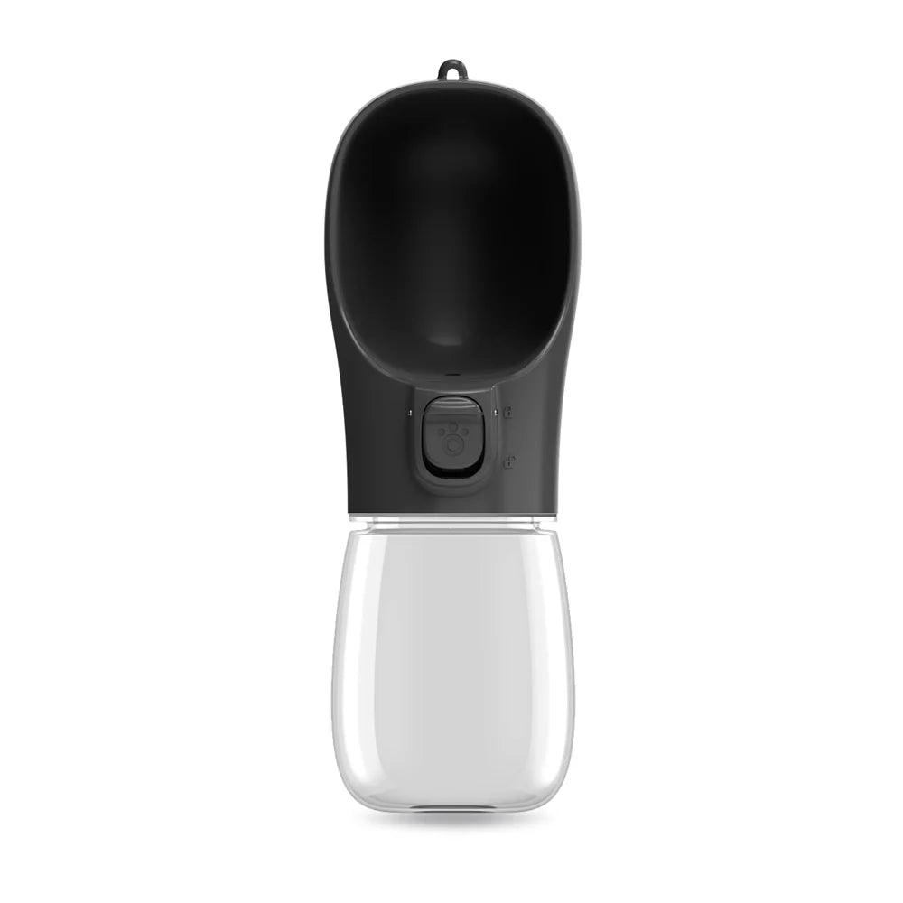 Kritter Krush pet water bottle with a portable design, featuring a clear water container and a built-in drinking nozzle for pets.