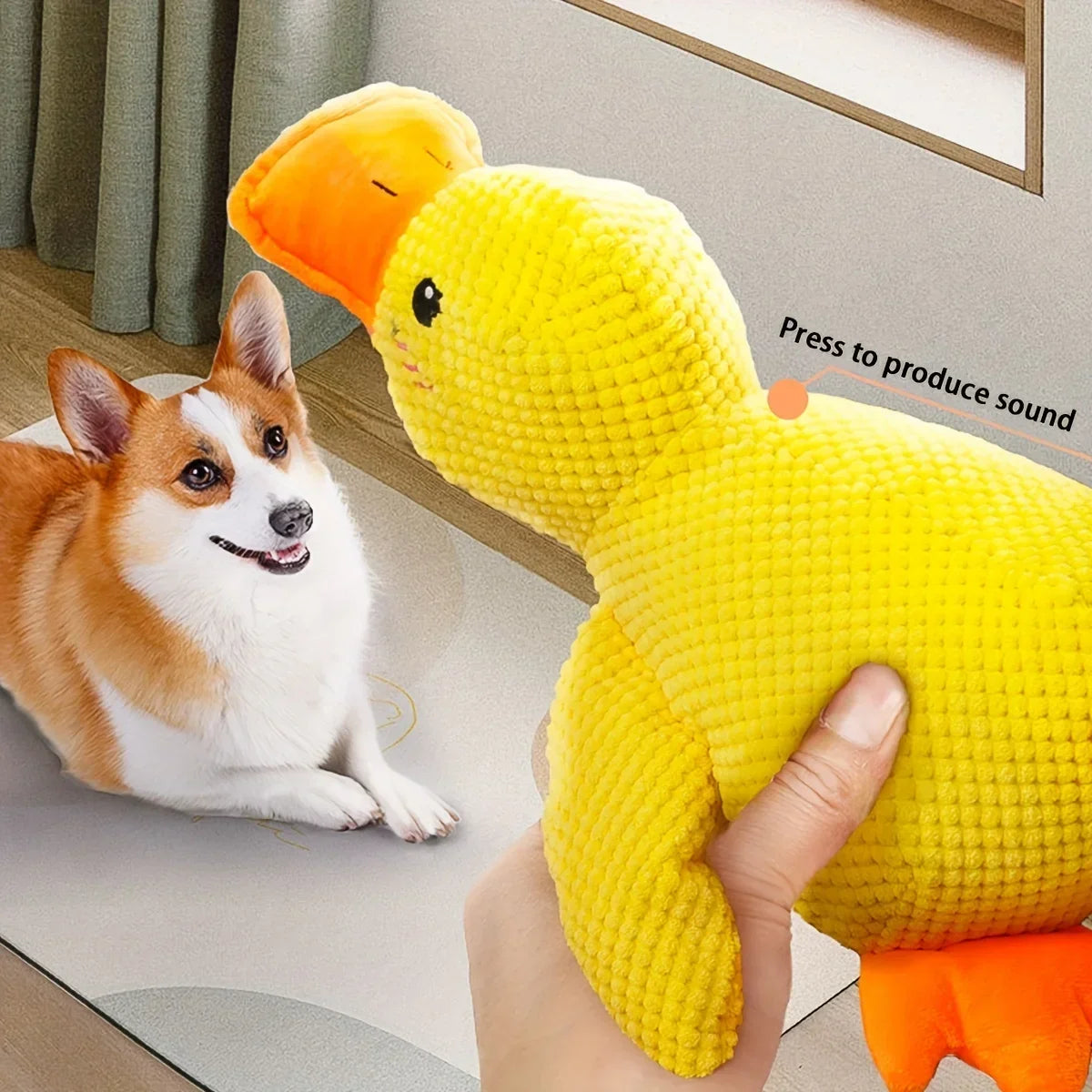 Kritter Krush duck plush toy with soft yellow fabric and embroidered eyes, perfect for cuddling and children's play.