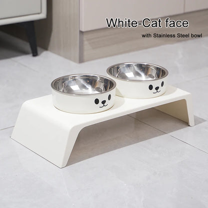 Kritter Krush elevated pet feeder with stainless steel bowls on a white stand for comfortable feeding.