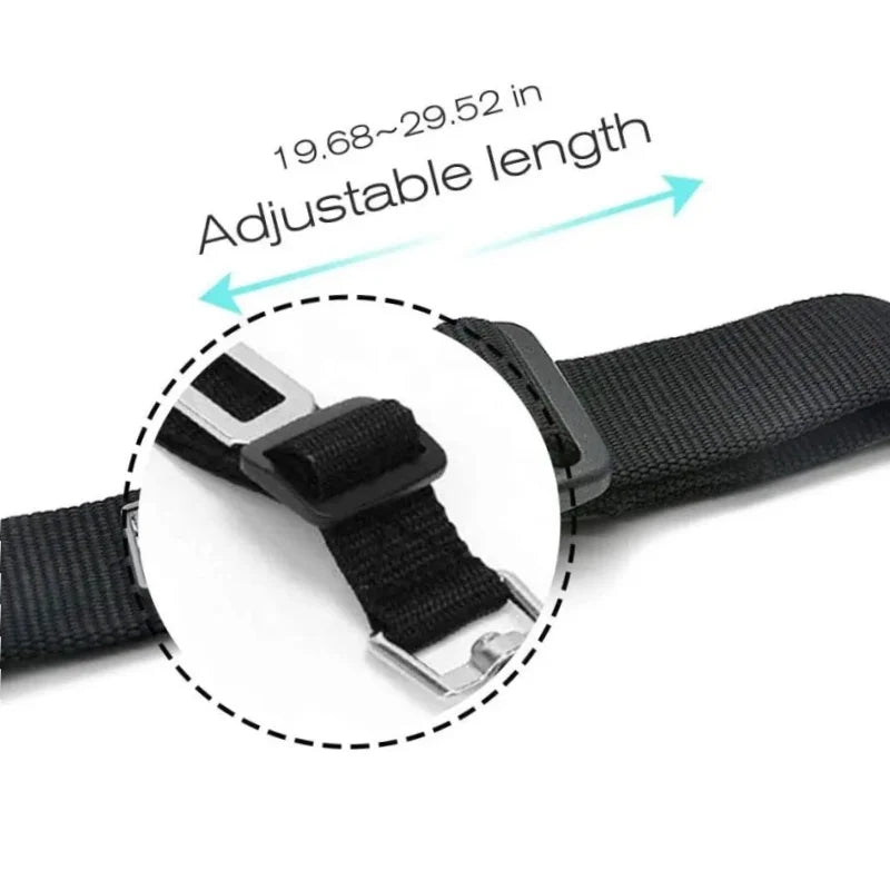 Kritter Krush pet seat belt attached to a car seat, adjustable strap ensuring secure restraint for dogs during travel.