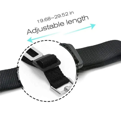 Kritter Krush pet seat belt attached to a car seat, adjustable strap ensuring secure restraint for dogs during travel.