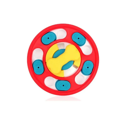 Interactive dog puzzle by Kritter Krush featuring colorful compartments and hidden treat slots for mental stimulation.