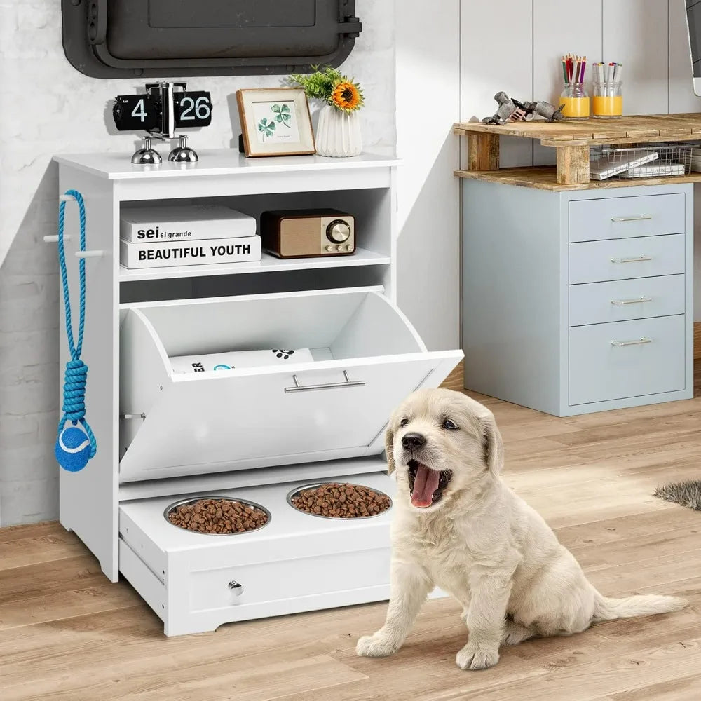 Kritter Krush pet feeding station with bowls and stand, designed for easy feeding and watering of cats or small pets.