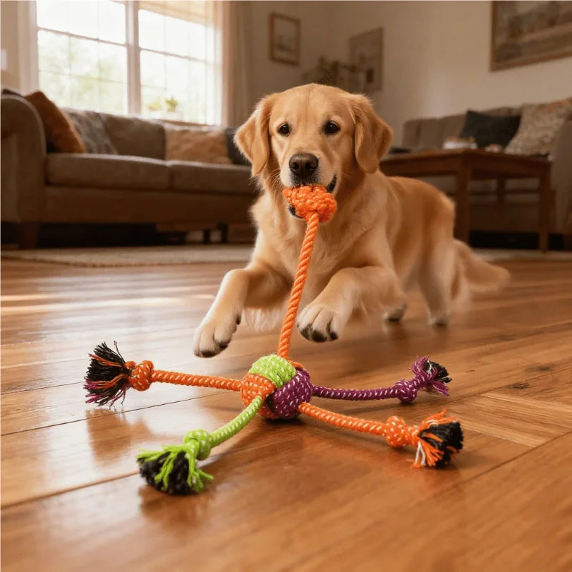 Colorful Rope Knot Toy by Pawzena Palace featuring durable braided design, perfect for dogs to chew and play.