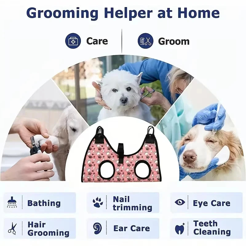Kritter Krush pet grooming hammock suspended with soft fabric and adjustable straps for comfortable grooming of small animals.