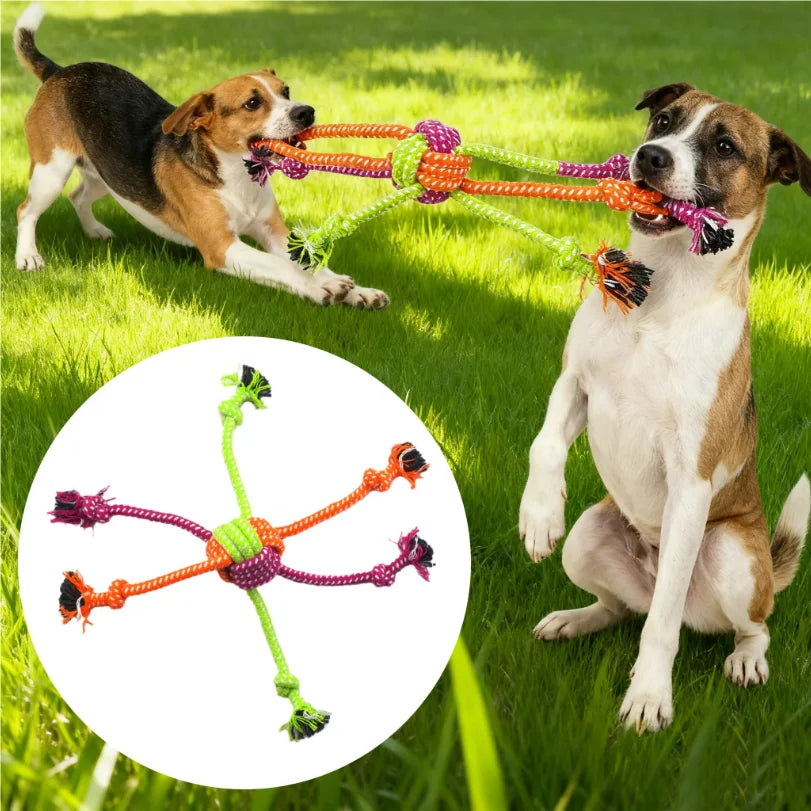 Colorful rope knot toy by Pawzena Palace, designed for dogs, showing intertwined cotton ropes suitable for chewing and play.