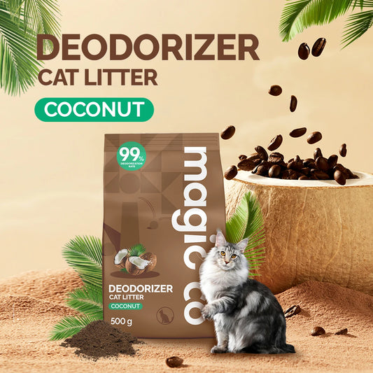 Petfull Magicoco 500g cat litter deodorizer powder, showing the white powder in a scoop with a clean, odor-free background.