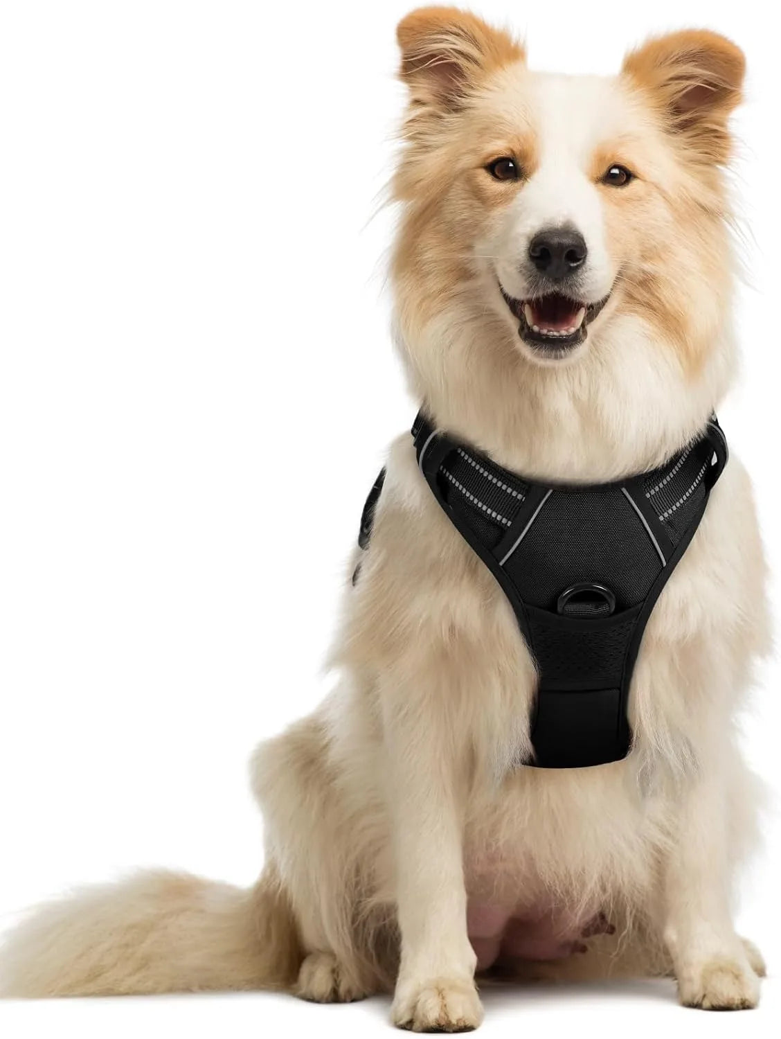 Reflective dog harness by Kritter Krush with adjustable straps and safety reflective material for nighttime visibility.