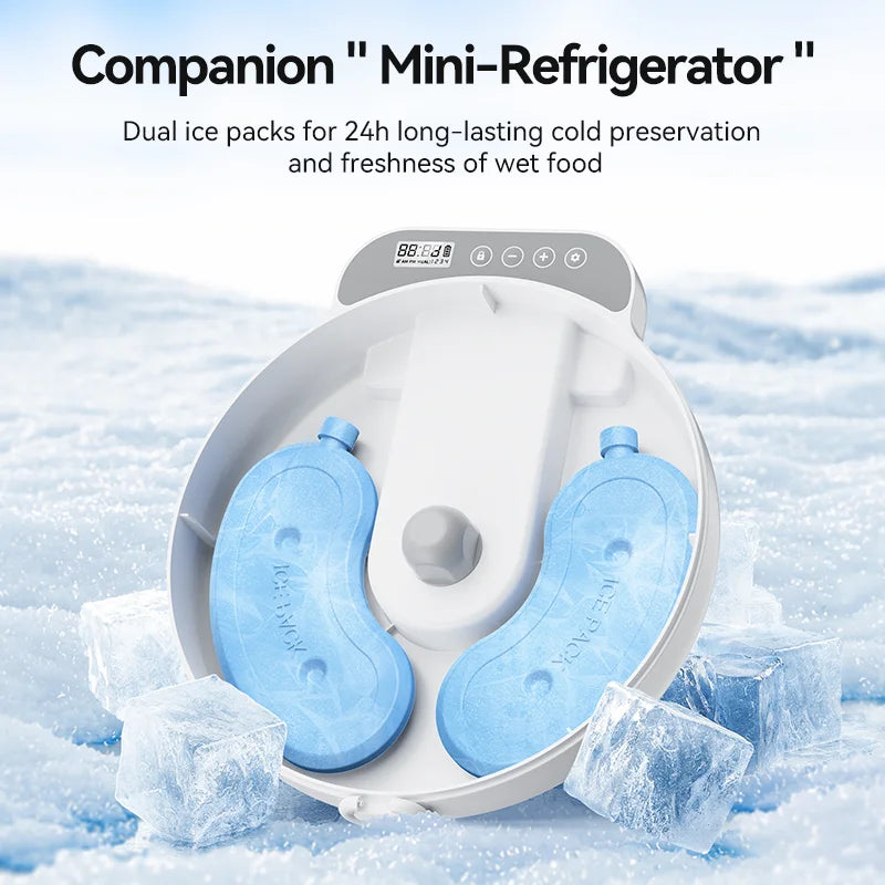 Kritter Krush automatic pet feeder with digital timer and food tray for convenient pet feeding.