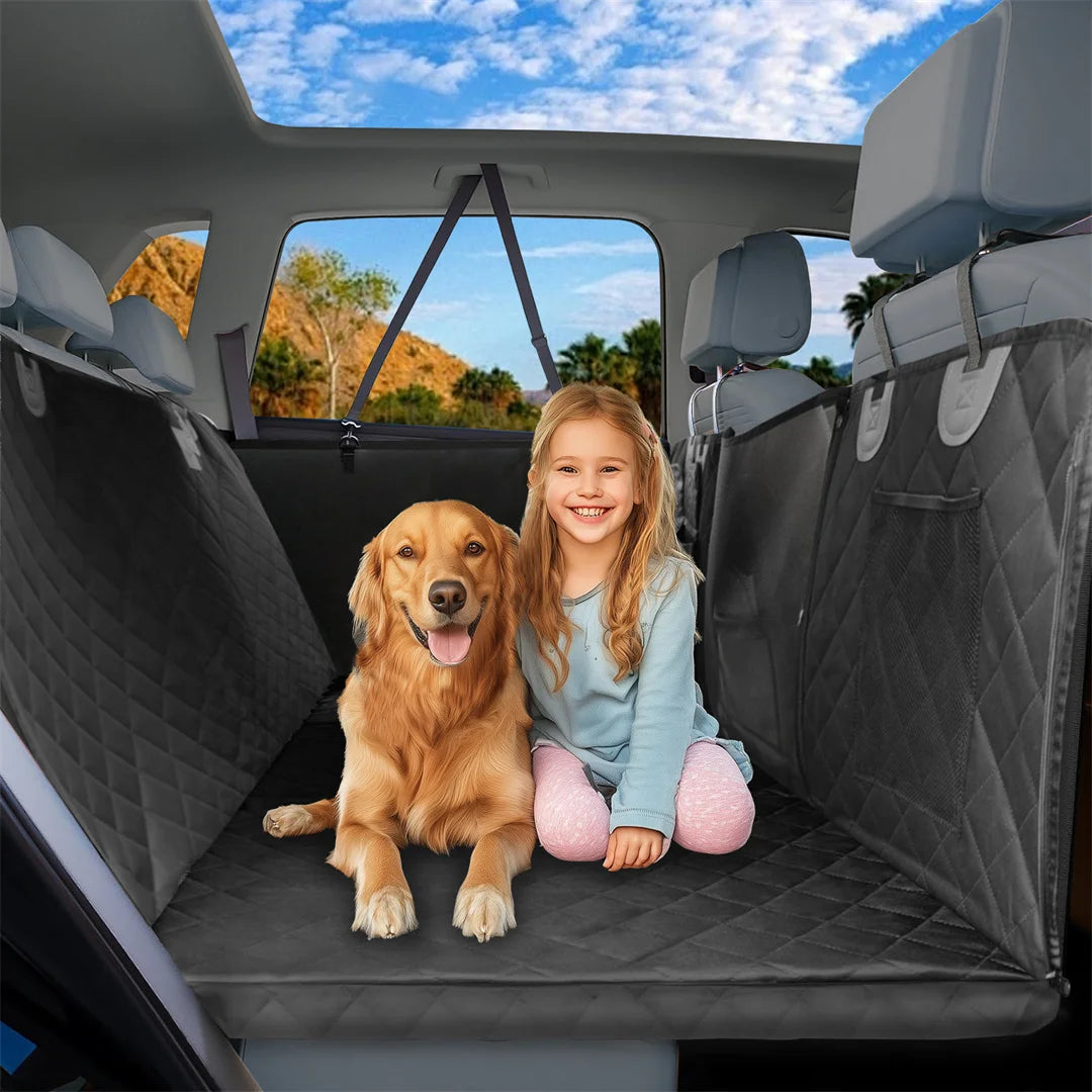 Kritter Krush dog car seat cover showing waterproof fabric and adjustable straps for secure fit in vehicle back seat