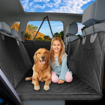 Kritter Krush dog car seat cover showing waterproof fabric and adjustable straps for secure fit in vehicle back seat