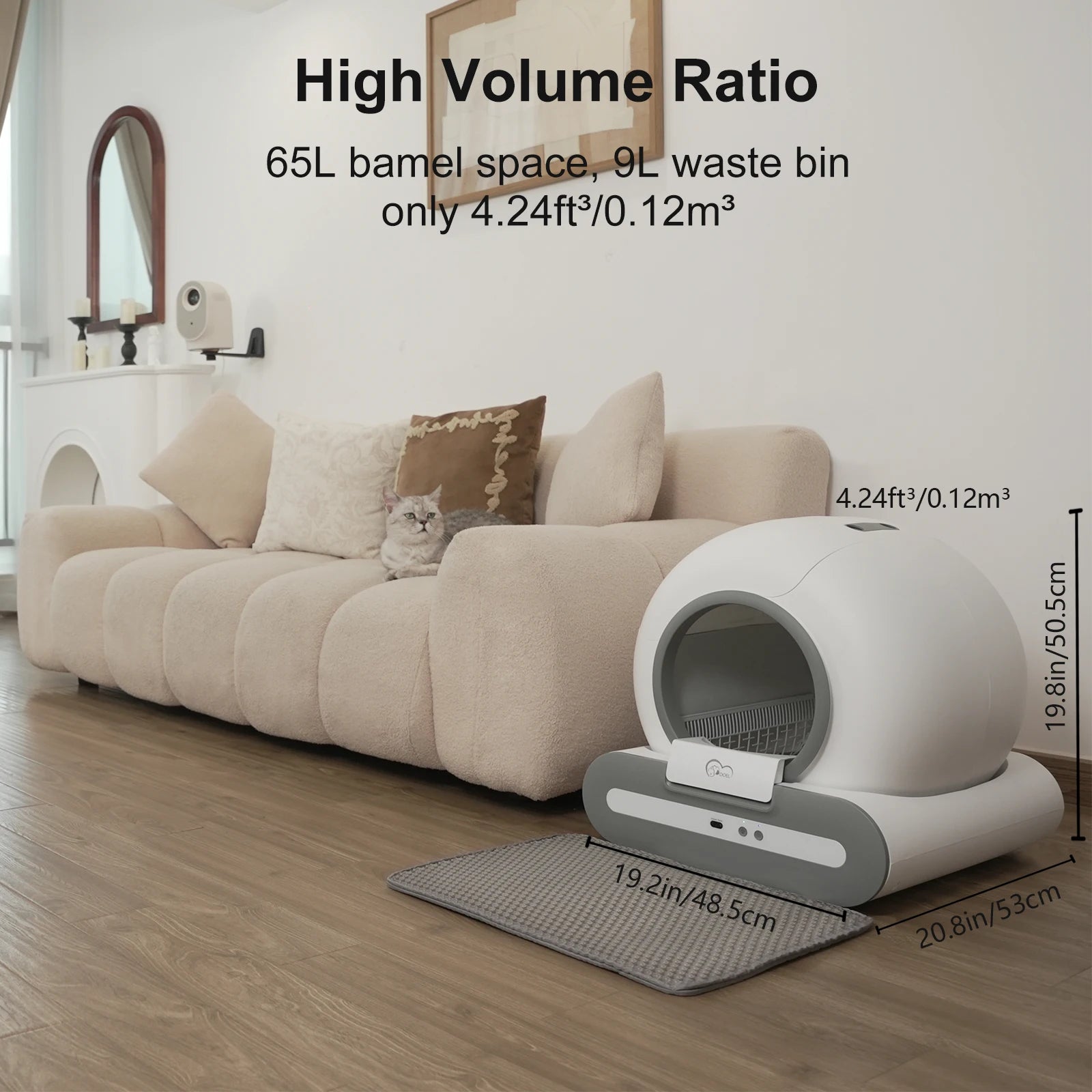 Self-cleaning Kritter Krush litter box with automatic waste removal and modern design, suitable for cats.