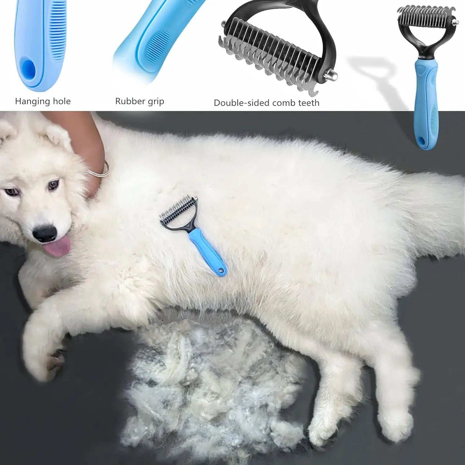 Kritter Krush cat grooming comb with wide and fine teeth for detangling and brushing feline fur, shown on a white background.