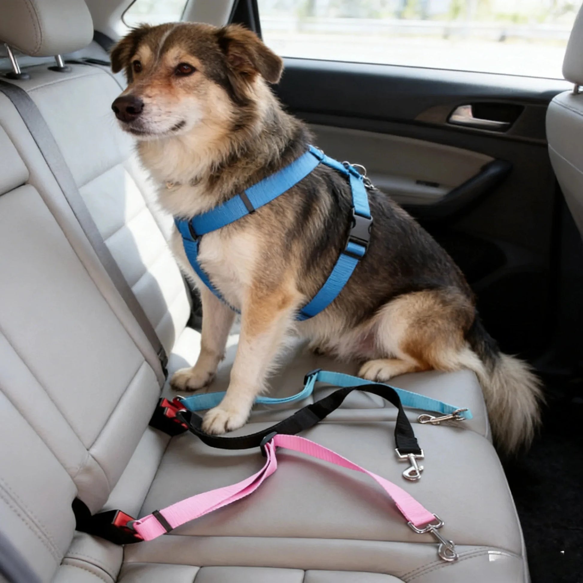 Kritter Krush pet seat belt attached to car seat, adjustable strap for secure dog or cat travel safety.
