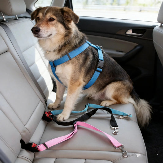 Kritter Krush pet seat belt attached to car seat, adjustable strap for secure dog or cat travel safety.