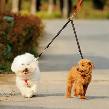 Kritter Krush double dog leash with two adjustable nylon leads and comfortable handles for walking two dogs simultaneously.