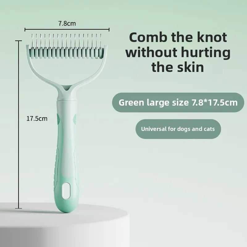Double-sided dog comb by Kritter Krush featuring fine and wide teeth for grooming pets' fur and removing tangles.