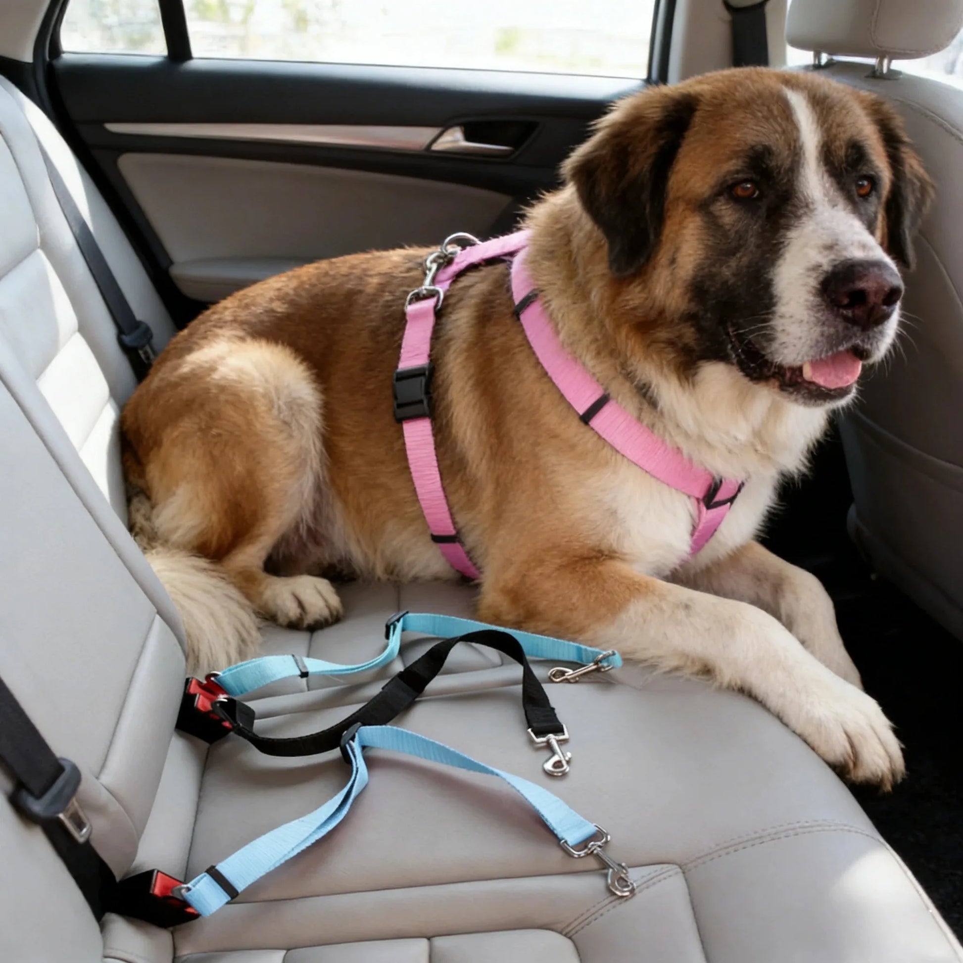 Kritter Krush pet seat belt attached to a car seat, designed to secure small dogs or cats during travel for safety and comfort.