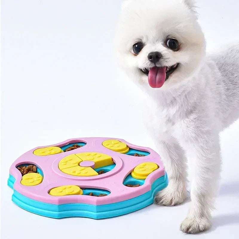 Interactive dog puzzle toy by Kritter Krush with multiple compartments and sliding pieces for mental stimulation and fun.