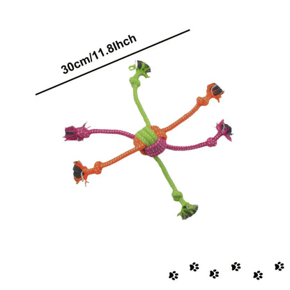 Colorful rope knot toy for dogs by Pawzena Palace, featuring durable braided design for chewing and tugging fun.