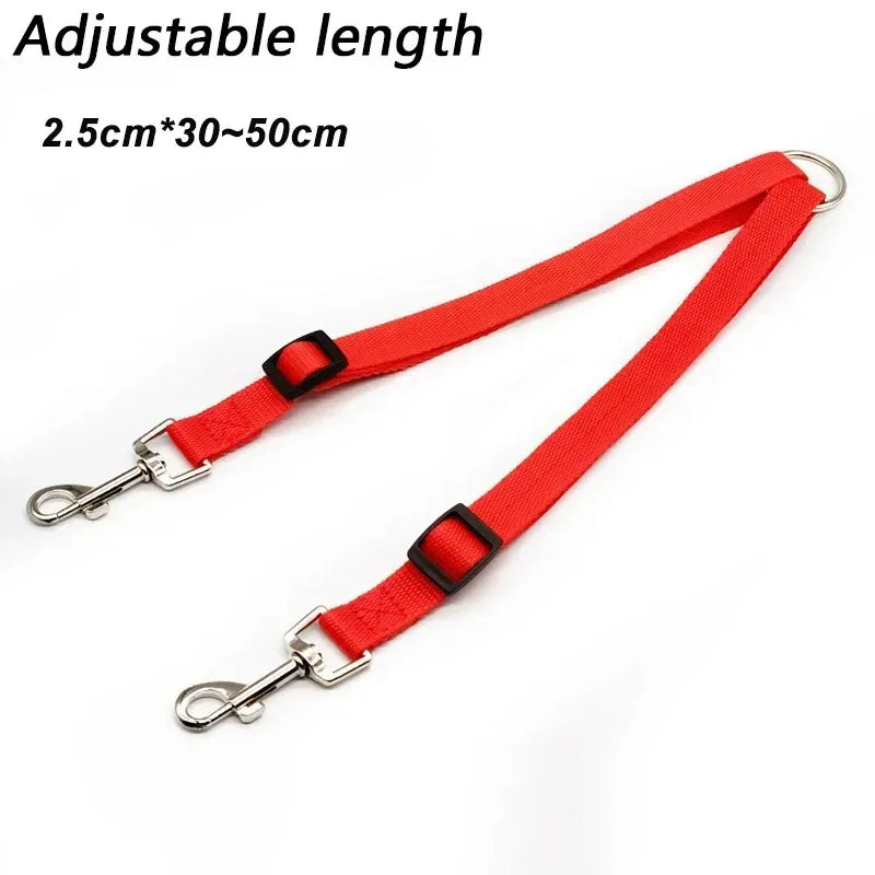 Double dog leash by Kritter Krush with two adjustable nylon straps and metal clasps for walking two dogs simultaneously.