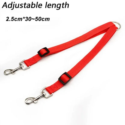 Double dog leash by Kritter Krush with two adjustable nylon straps and metal clasps for walking two dogs simultaneously.