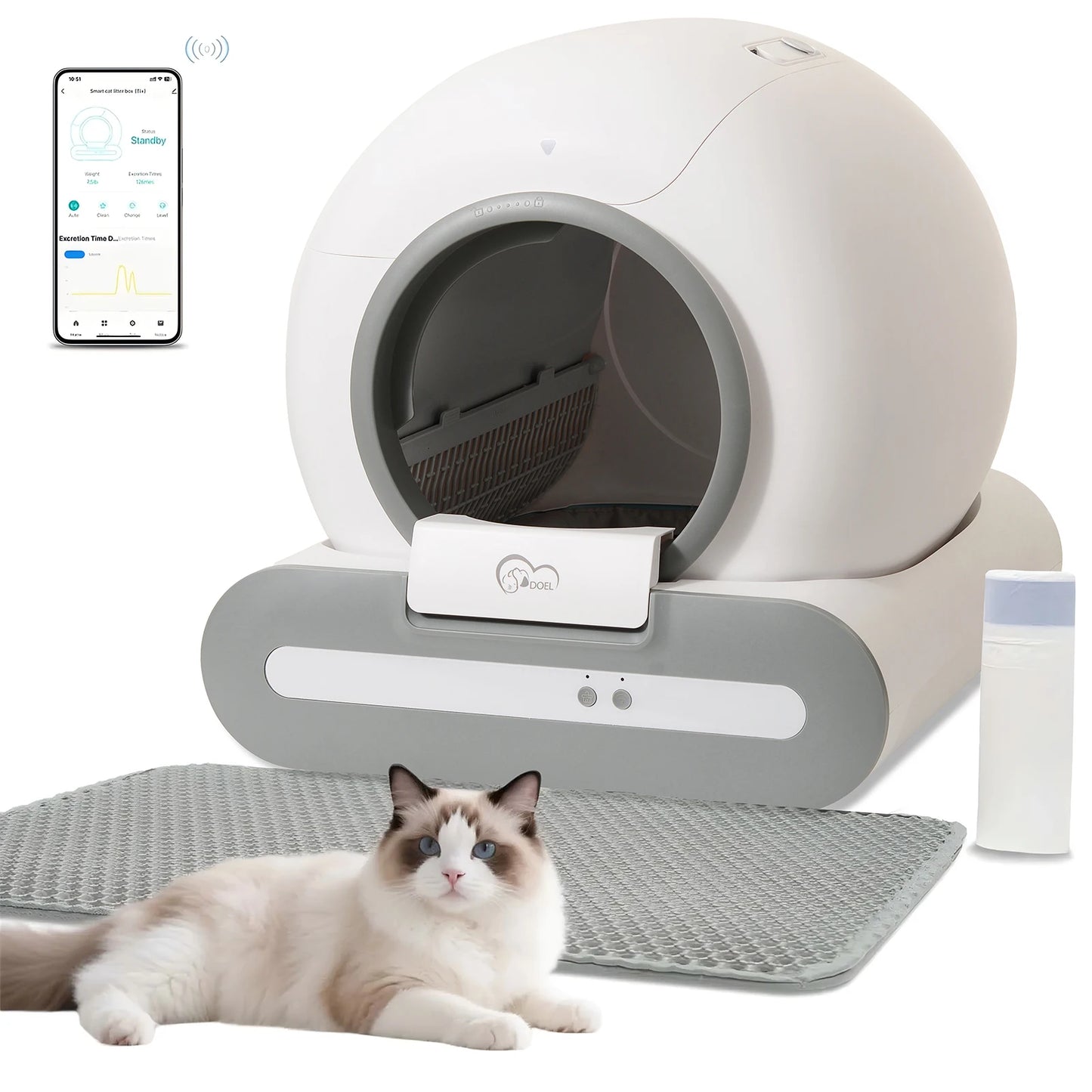 Kritter Krush self-cleaning litter box with open design and automatic cleaning mechanism, ideal for easy pet waste management.