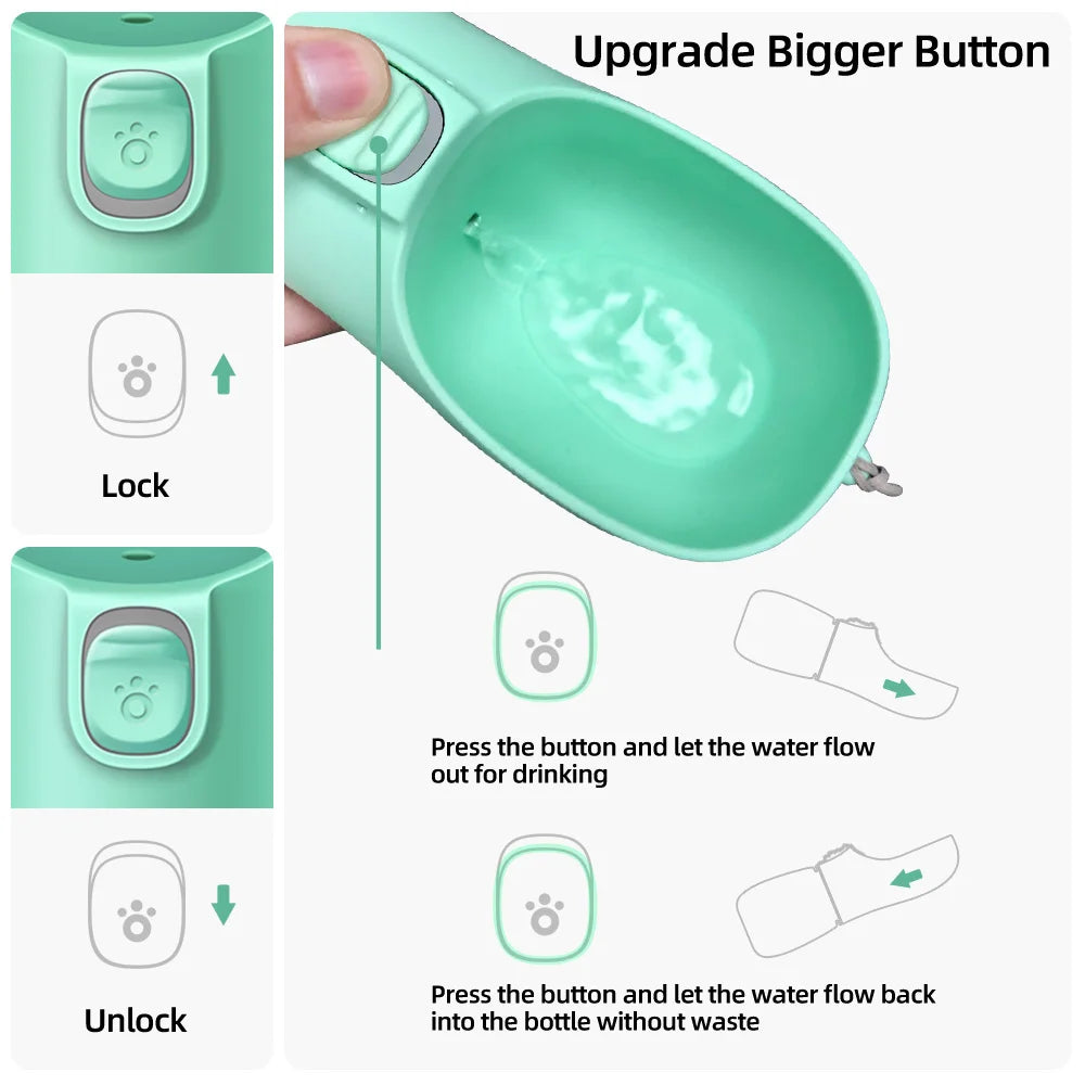 Kritter Krush pet water bottle with a portable design, featuring a built-in water dish for easy hydration on the go for dogs and cats.