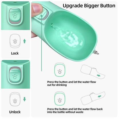 Kritter Krush pet water bottle with a portable design, featuring a built-in water dish for easy hydration on the go for dogs and cats.