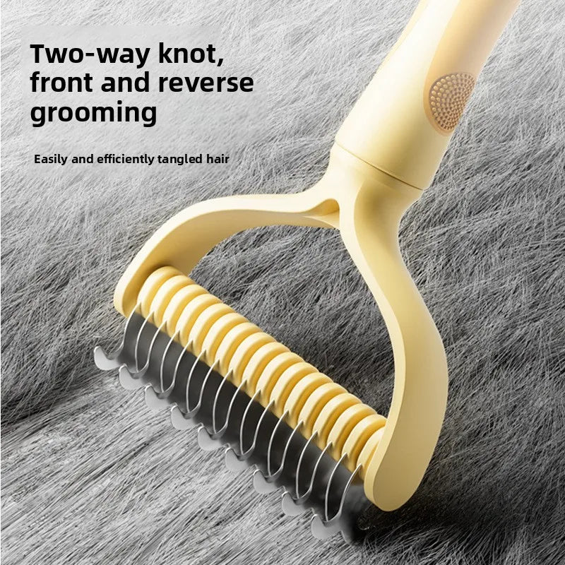 Double-sided dog comb by Kritter Krush with metal teeth for grooming and detangling pets' fur, shown on a white background.