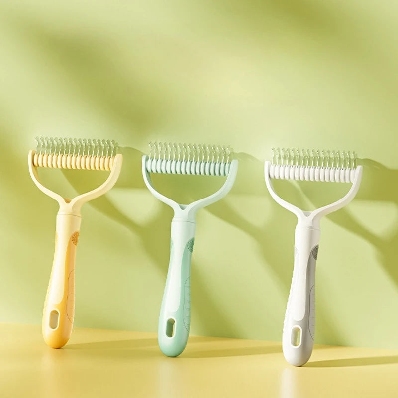 Double-sided dog comb by Kritter Krush with metal and plastic teeth for grooming and detangling dogs.