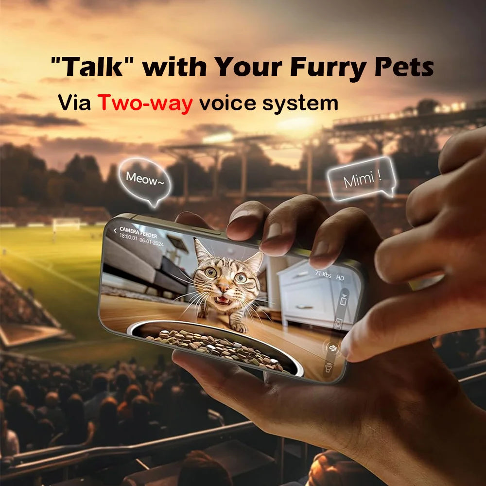 Kritter Krush smart cat feeder with digital controls and food dispensing tray for automated pet feeding.