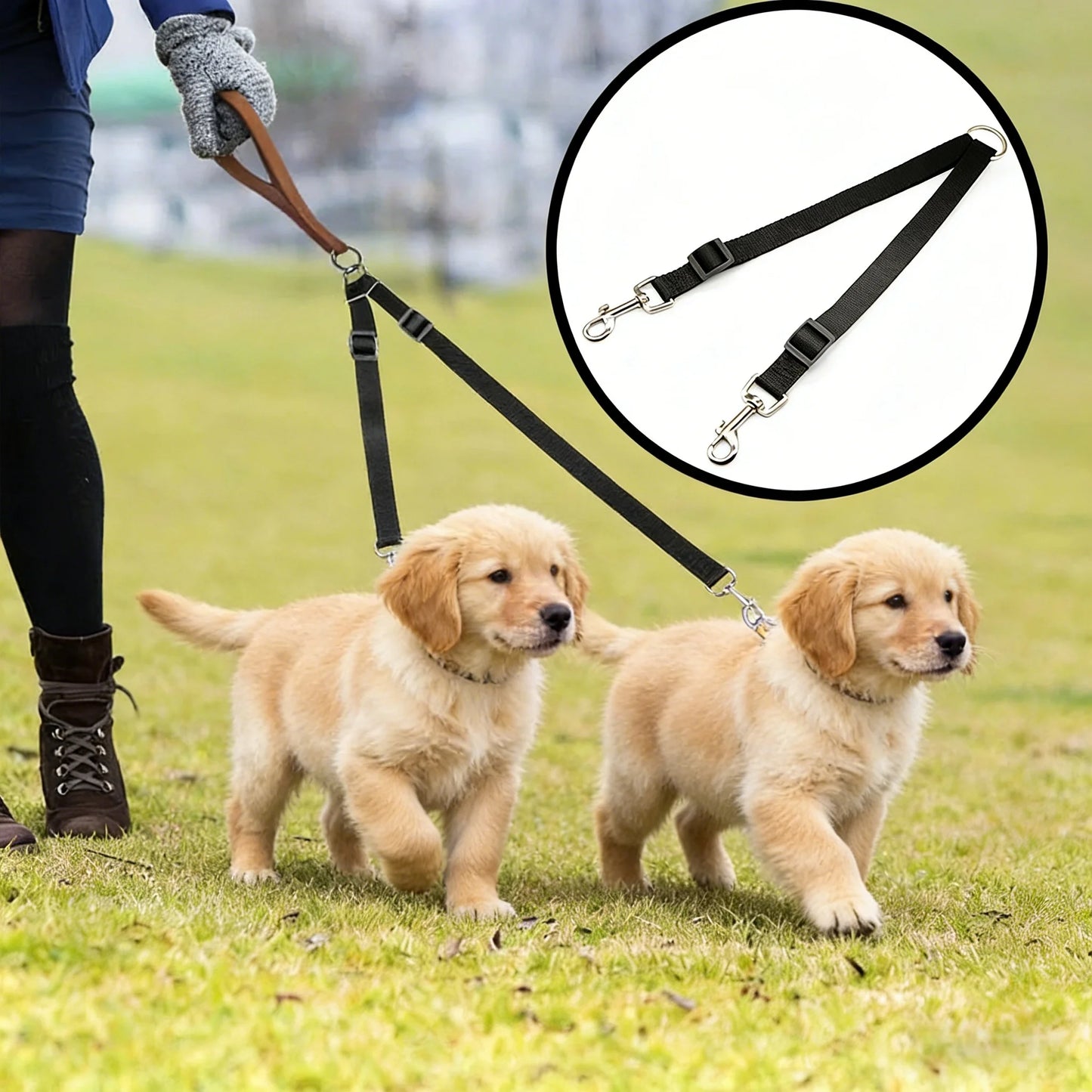 Kritter Krush double dog leash with two adjustable straps and sturdy clips for walking two dogs simultaneously.
